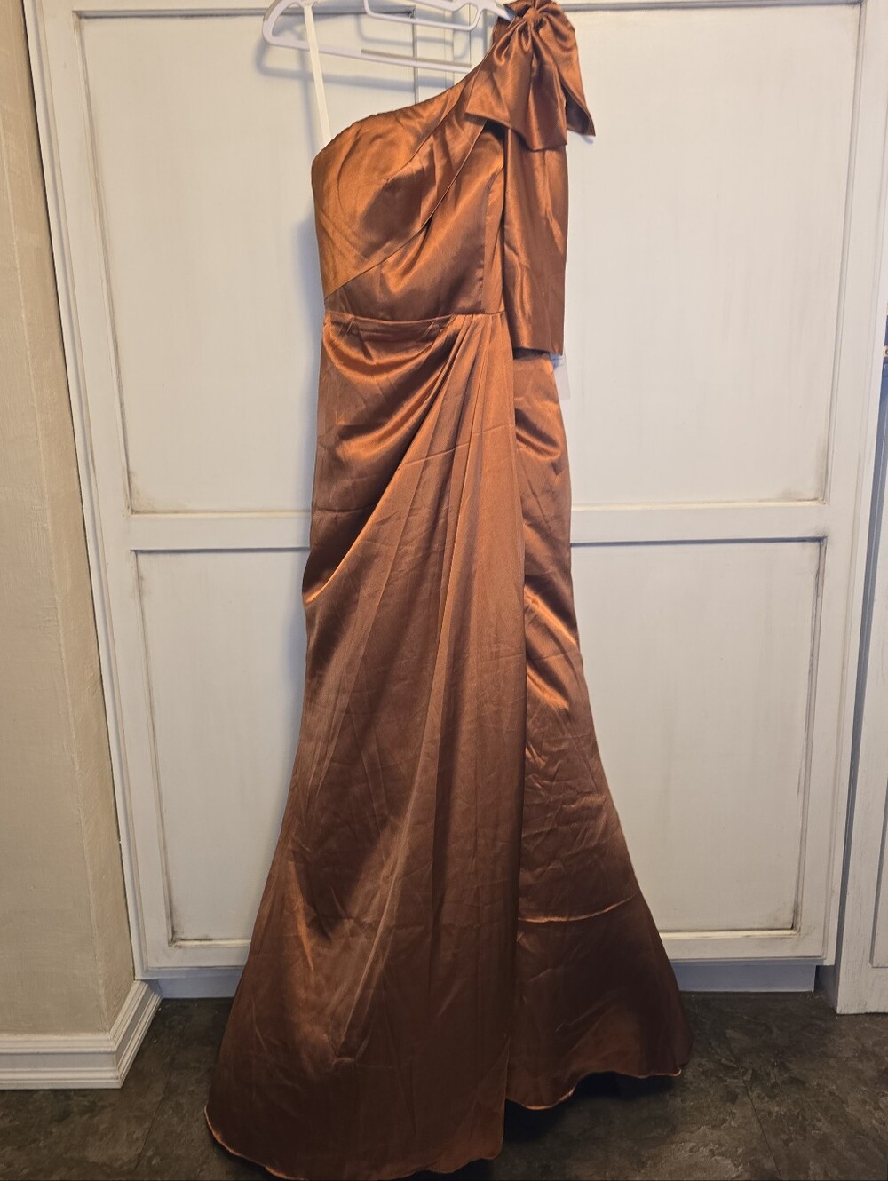 One-Shoulder Satin Evening Gown in Copper, Burnt Orange